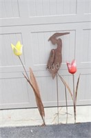 Solid Metal Cut Heron Stature, Tulip Garden Spikes