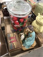 Anything jar, wood trinket box, religious statue