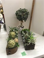 fake succulents in vintage sewing drawers