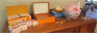 Matches, figurines, wood box, misc
