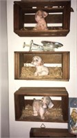 3 pcs puppies in wood crate 3“ x 6“