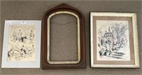 Walnut Arched Top Frame & Two Prints