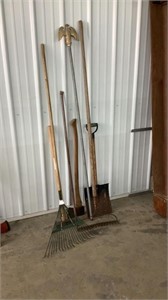 Flagpole ax, sledgehammer shovel, and two rakes