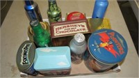 BOX LOT OF TINS, ALUM BEER BOTTLES