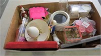 BOX LOT CANDLES, GLASSWARE, MISC.