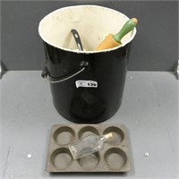 Enamel Pot w/ Primitive Kitchen Items