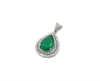 Emerald & diamond set white gold drop