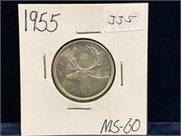 1955 Canadian Silver 25 Cent Piece  MS60