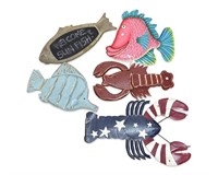 (5)pcs Nautical Fish & Lobster Beach Decor Signs