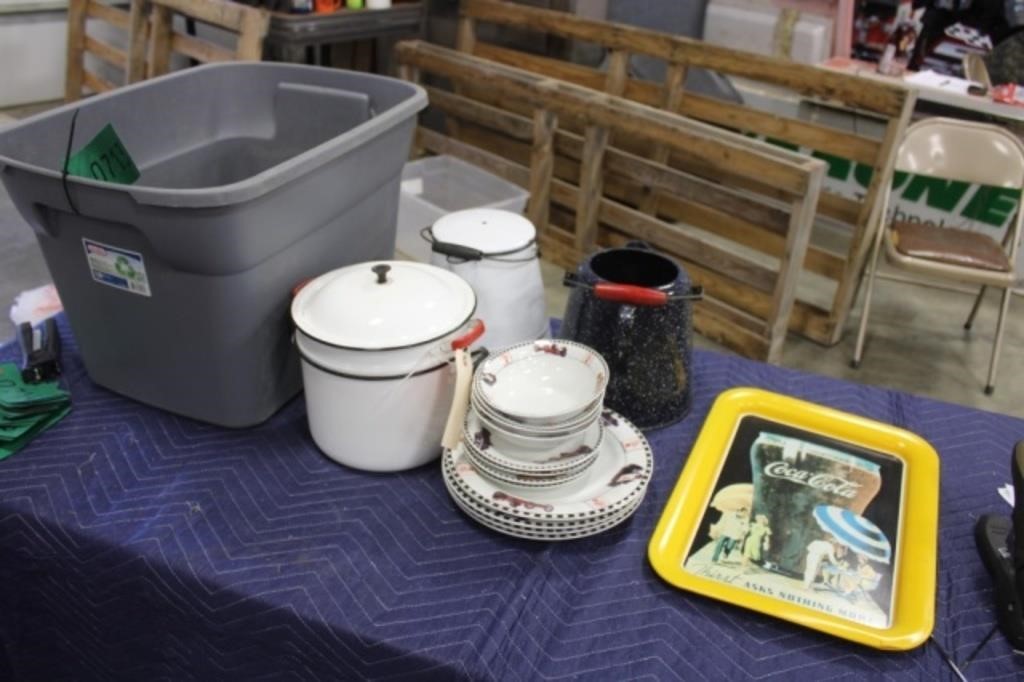 Tote Enamel Coffee Pots, Coke Tray & Dishes