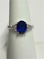 .925 Silver Oval Sapphire Ring Sz 7   L