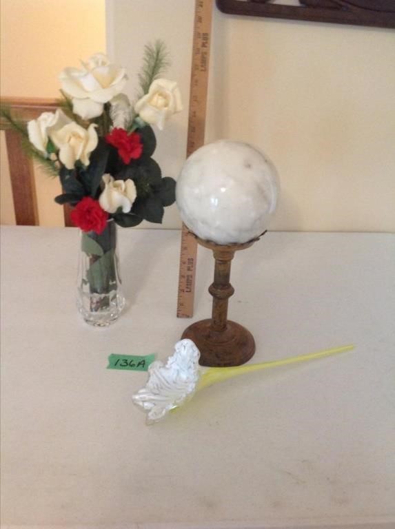 Marble ball on stand, flowers, other