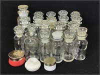 20+ Vtg Glass Bottles w/ Stoppers & Makeup Jars