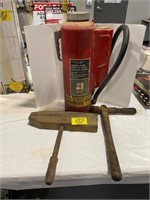 FIRE EXTINGUISHER, WOODEN ANTIQUE CLAMPS