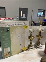 PEDESTAL FAN IN BOX, PAIR OF MARBLE BASE TABLE