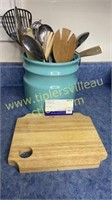 Crock (cracked) and utensils with small wooden