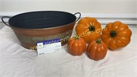 Art glass pumpkins, shakers and metal bin