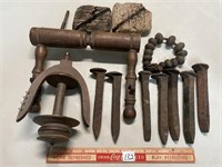 ANTIQUE LOT OF WINDER PARTS WITH TRAIN SPIKES