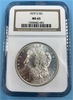 NGC Graded,  Morgan Silver dollar  1879 S MS 65