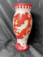Chinese red & white cased glass dragon vase