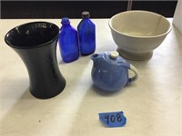 LARGE VASE, BLUE BOTTLES, CREAMER, BOWL-cracked