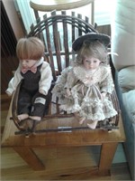 WILLOW BENCH WITH 2 PORCELAIN DOLLS