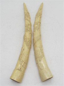 AMAZING EARLY PAIR OF CARVED WALRUS TUSKS 17.5"