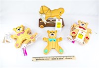 5-Wooden Carved Toy Teddy Bears &