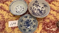 Three pieces blue & white Oriental  3 bowls, 1