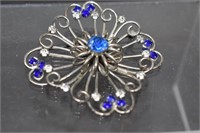 Antique Large Sterling Silver w/Blue Stone Brooch