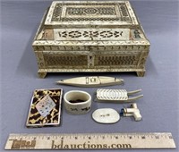 Carved Sewing Box & Collectibles as is
