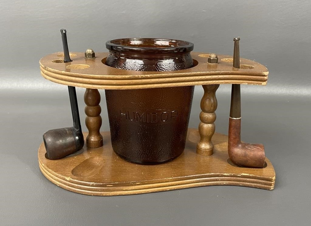 Vintage Tobacco Humidor, Stand, & Pipes