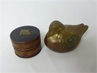 Brass Bird Figurine & Wooden Box w Brass Cat Face