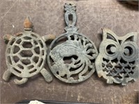 OWL, TURTLE & ROOSTER CAST IRON TRIVETS
