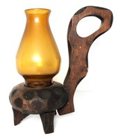 Carved Wood Candle Holder Amber Shade
