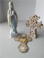 (3) Pieces Religious Items (Ceramic Cross,