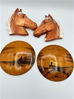 Vintage Myrtle Wood Art and Ceramic Horse Heads