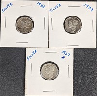 Three Silver Mercury Dimes (90% Silver)