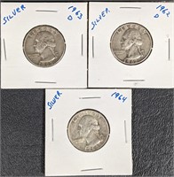 Three 1960s Silver Quarters (90% Silver)