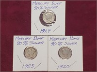 (3) 1920's Silver Mercury Dimes