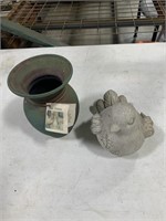 RAKU pottery vase 9 x 6, resin bird 7 x 8