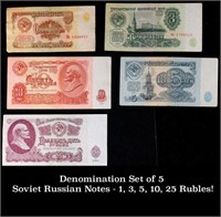 Denomination Set of 5 Soviet Russian Notes - 1, 3,