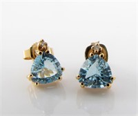 Pair of 14K Yellow Gold Blue Topaz, Diamond Earrin