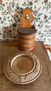 Antique hanging wood salt box and a carved wood