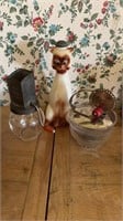 Porcelain cat ironing, sprinkler, vintage glass