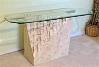 Vintage Faux Stone Console Table with Brass &