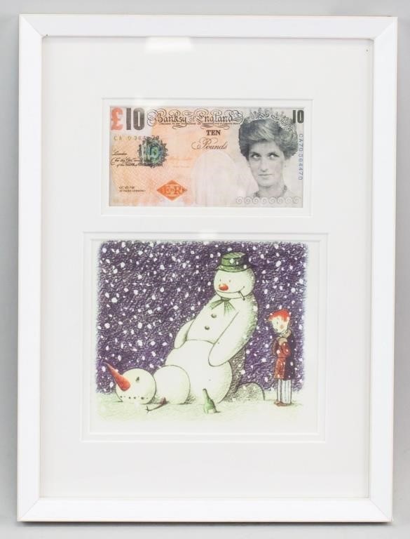 Framed Litho Rude Snowman & Banknote Attr. Banksy