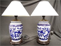 Pair Chinese blue & white ceramic electric lamps
