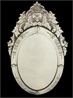 Large Venetian Glass Oval Decorated Etched Mirror