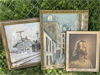 3 framed prints - Jesus, train station, and